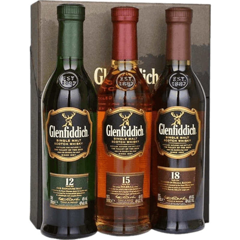Glenfiddich 12 Year Old, 15 Year Old, 18 Year Old Single Malt Scotch Whisky Combo Pack - 750ML