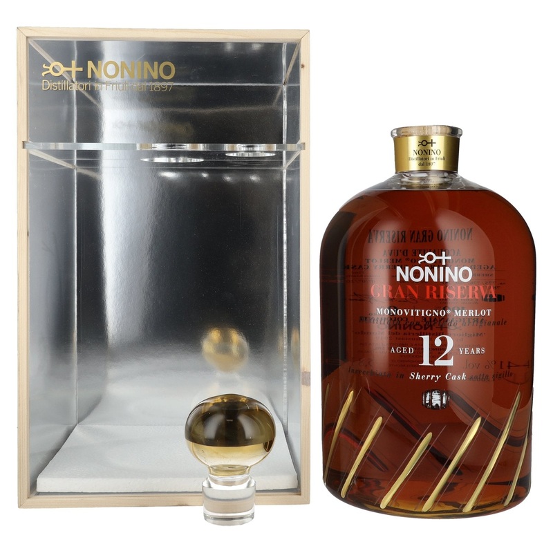 Nonino Grappa 12 Years Monovitigno Merlot Gran Riserva Sherry Cask 41% Vol. 5,8l in wooden box with dosing pump