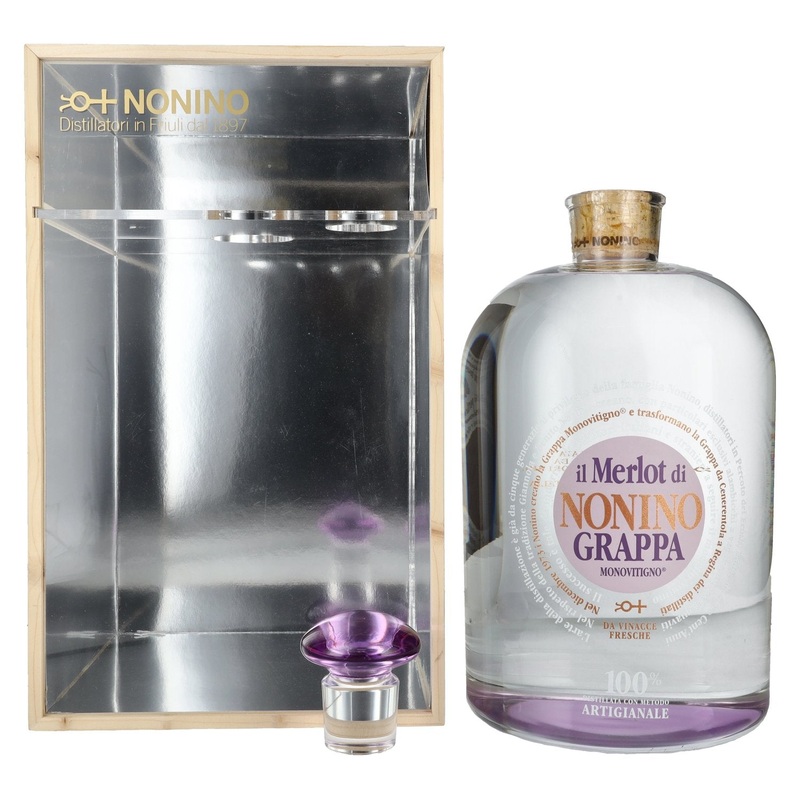 Nonino Grappa Monovitigno il Merlot 41% Vol. 6,3l in wooden box with dosing pump